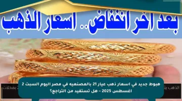 هبوط جديد في أسعار ذهب عيار 21 بالمصنعية في مصر اليوم السبت 2 أغسطس 2025 – هل تستفيد من التراجع؟